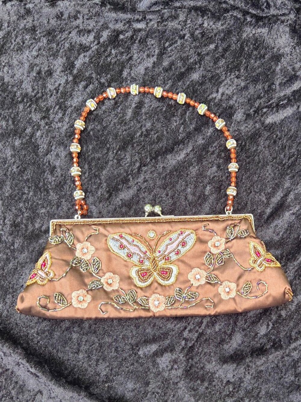Brown Beaded Butterfly Handbag with Removeable Strap